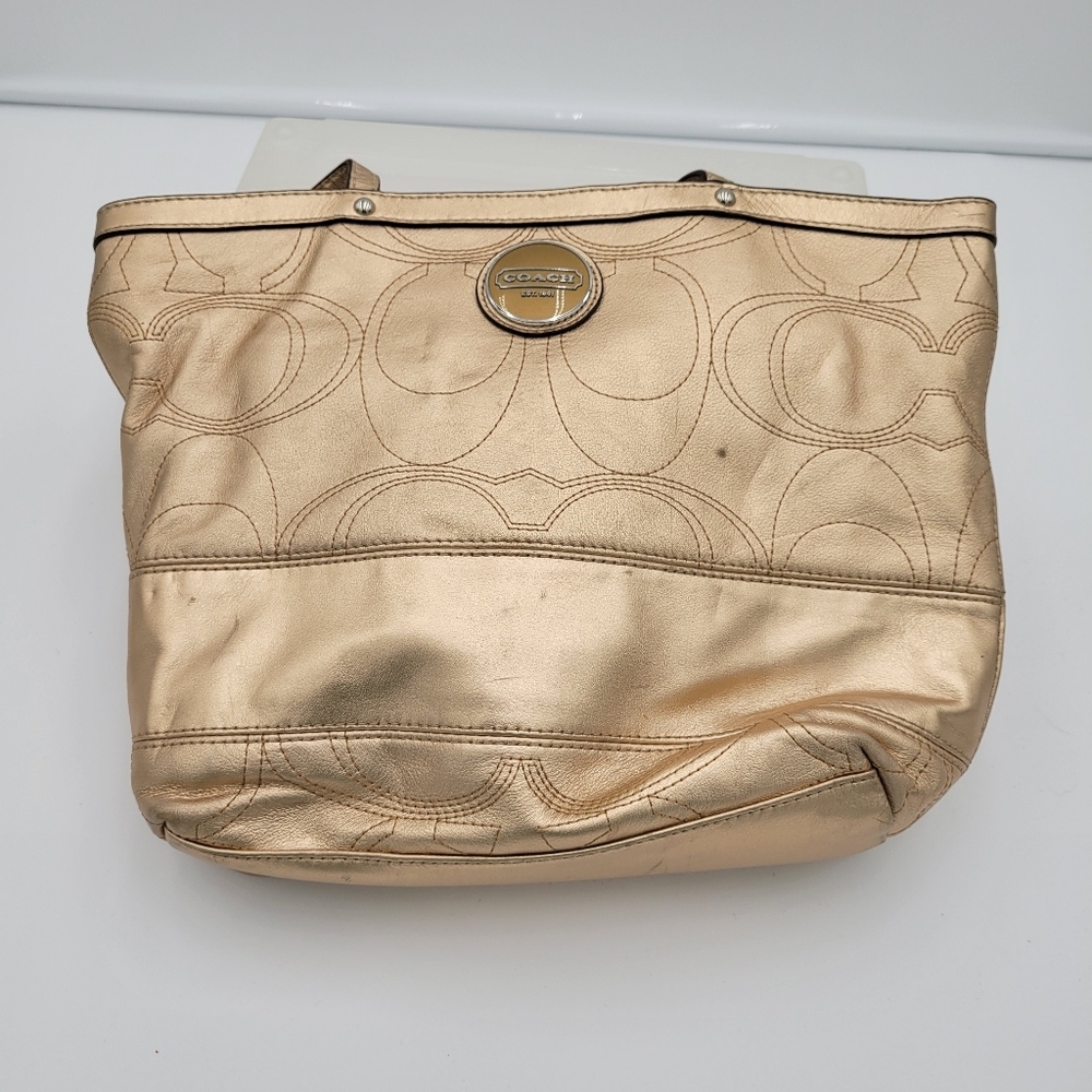 Coach Metalic Gold Bucket Medium Tote Shoulder bag Spots on Front Hangtag - Picture 1 of 16